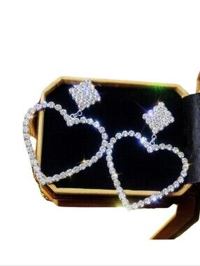 Silver Rhinestone Earring Heart Drop Earrings Crystal Statement Dangles
